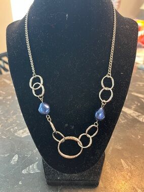 Silver Chain Necklace with Blue Pearl Accents - Women Jewelry